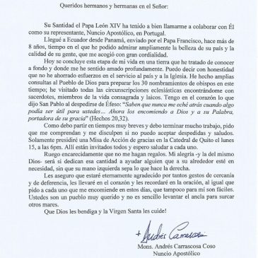 Carta de agradecimiento al pueblo Ecuatoriano de parte de Mons. Andrés Carrascosa Coso Nuevo Nuncio Apostólico para Portugal